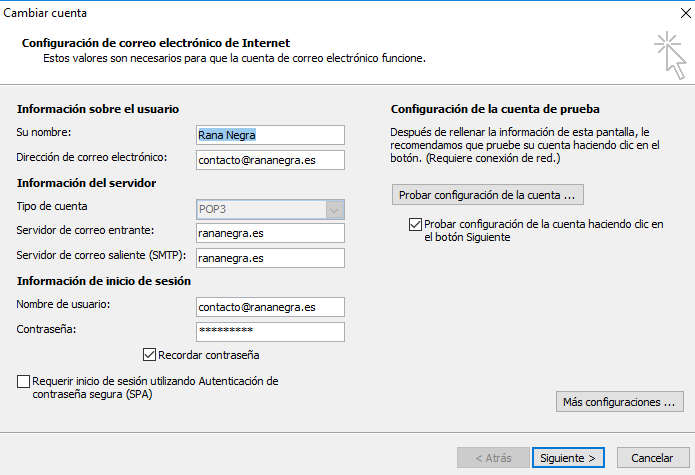 Configurar servidores correo en outlook